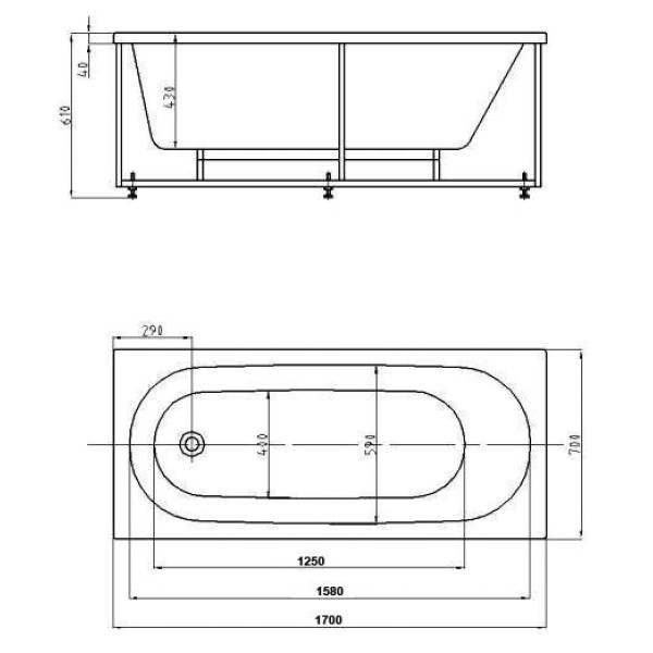 Ванна акриловая Акватек Оберон 170х70 на каркасе, с фронтальным экраном, слив-перелив