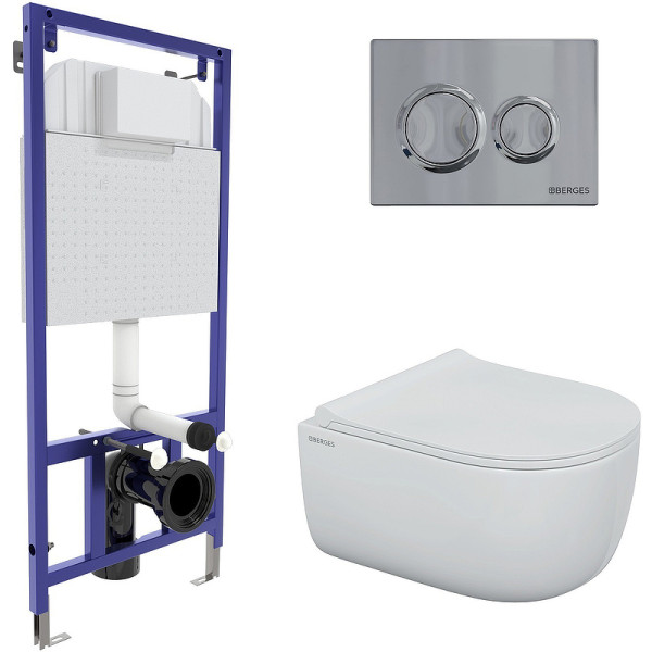 Комплект инсталляция с унитазом Berges Novum525 c с кнопкой O3 хром глянец, унитаз EGO Rimless, сиденье Okus Slim SO (043249) Комплект инсталляция с унитазом Berges Novum525 c с кнопкой O3 хром глянец, унитаз EGO Rimless, сиденье Okus Slim SO (043249)
