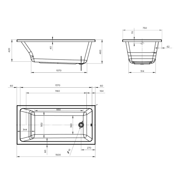 Ванна акриловая 1Marka Bianca 150x75 белая (01бья1575)