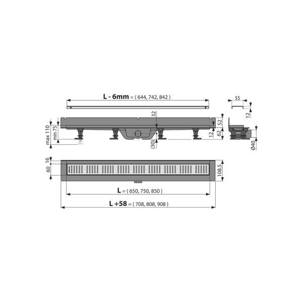 Лоток душевой AlcaPlast / AlcaDrain 850 мм с порогами, матовая решетка ст.нерж., боковой слив D50, комбин. гидрозатвор (APZ30-850M) Лоток душевой AlcaPlast / AlcaDrain 850 мм с порогами, матовая решетка ст.нерж., боковой слив D50, комбин. гидрозатвор (APZ30-850M)