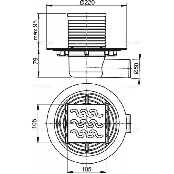 Душевой трап Alcaplast 105*105/50 боковой сток, решетка нержавеющая сталь, гидрозатвор мокрый (APV102)
