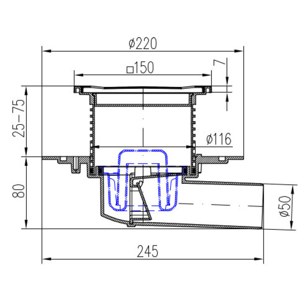 Трап горизонтальный Azario 150х150 DN50/95 хром (AZ-326 X N)
