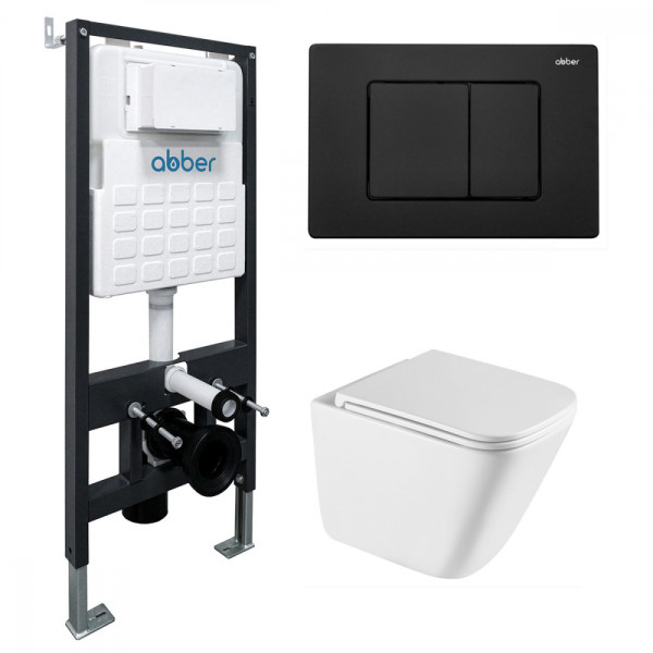 Комплект подвесной унитаз Abber Rechteck AC1219TC белый, с закрытым дном с инсталляцией AC0105 и кнопкой AC0120MB черный матовый (AC1219TC-AC0105-AC01