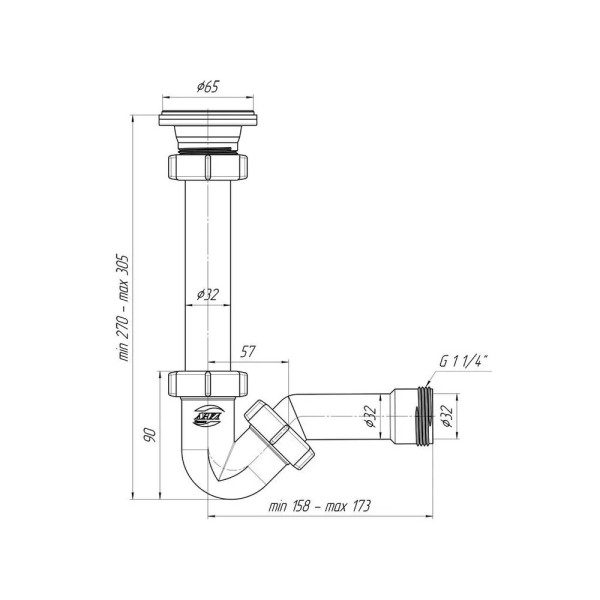 Сифон 32 мм. трубный АНИ для биде с выпуском 1 1/4"*65 мм. АНИ пласт (BD1000)