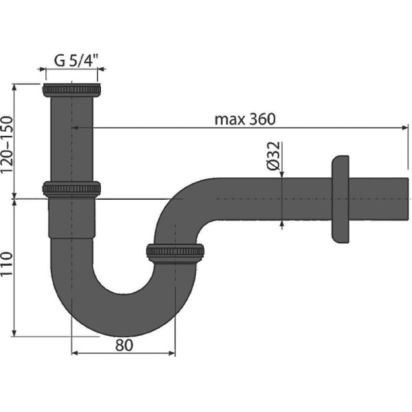 Сифон для раковины Alcaplast DN32 U-форма с накидной гайкой 5/4" металл хром (A4320BLACK)