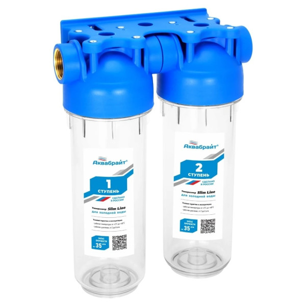 Фильтр колбовый 2-х ступенчатый Аквабрайт АБФ-2 1" 10SL с латунными вставками (прозрачный, для холодной воды) (АБФ-2 1)