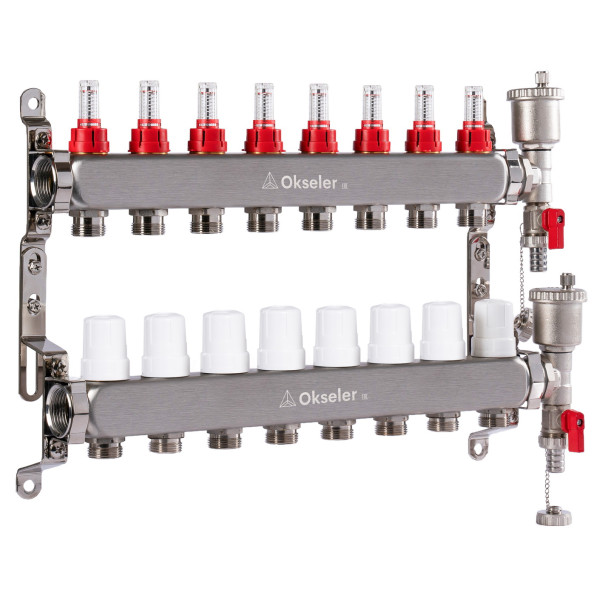 Коллекторная группа 8 отводов 1"*3/4"(18) ЕК с расходомерами Okseler (нерж.ст) с автоматическим воздухоотводчиком и спускным краном (Oks00346)