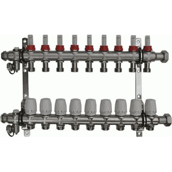 Коллекторная группа 9 отводов 1"*3/4"(18)EK с накидной гайкой и расходомерами TeRma (нерж.ст) (14262)