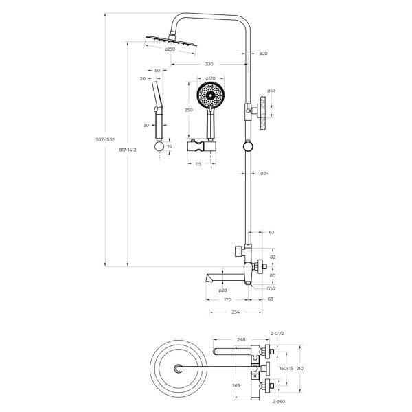 Душевая система со смесителем и изливом BelBagno (UNIQUE-VSCM-CRM)