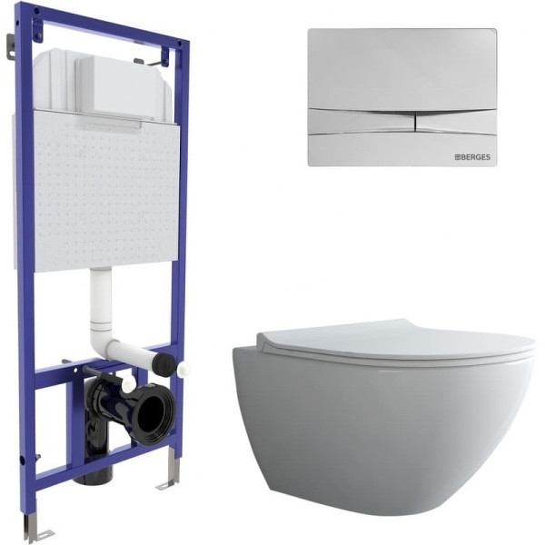 Комплект инсталляция с унитазом Berges Novum c с кнопкой F3 хром глянец, унитаз PUMA Rimless, сиденье Toma Slim SO (043269)