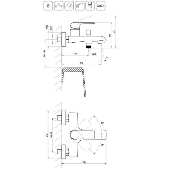Смеситель для ванны и душа Ravak FL 022.20/150 черный (X070175)