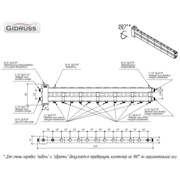 Коллектор балансировочный Gidruss BMSS-80-7D.EPP (до 80 кВт, подкл. котла G 1 1/4", 6 контуров G 1", боковой контур G 1 1/4", 4D-кронштейны K.UMS, EPP