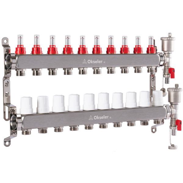 Коллекторная группа 10 отводов 1"*3/4"(18) ЕК с расходомерами Okseler (нерж.ст) с автоматическим воздухоотводчиком и спускным краном (Oks00348)