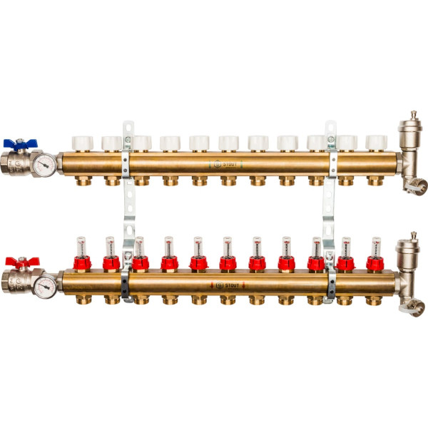 Коллекторная группа 11 отводов 1"x3/4"(18)EK в сборе с расходомерами Stout (латунь) (SMB-0473-000011)