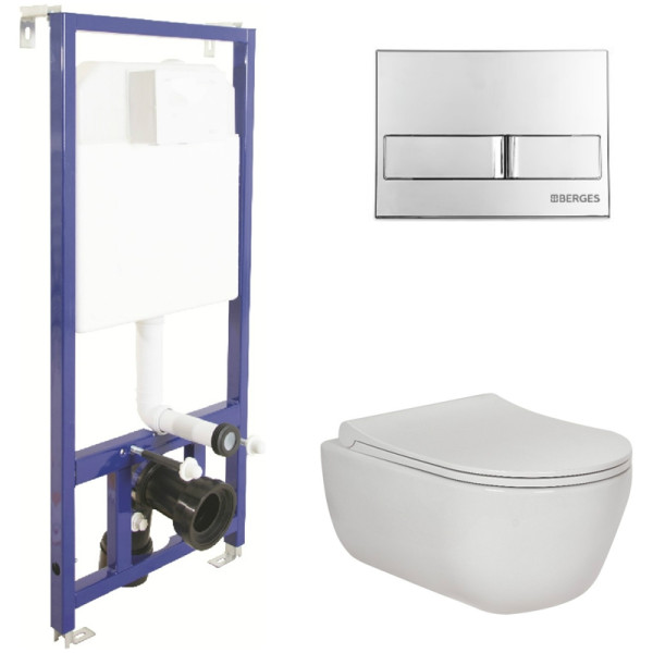 Комплект инсталляция с унитазом Berges Novum525 c с кнопкой L3 хром глянец, унитаз EGO Rimless, сиденье Toma Slim SO (047213)