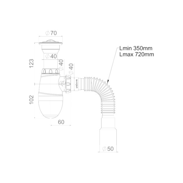 Сифон для мойки с литым выпуском 1 1/2"x40 и гибким отводом 40x40/50 Unicorn В120 Сифон для мойки с литым выпуском 1 1/2"x40 и гибким отводом 40x40/50 Unicorn В120