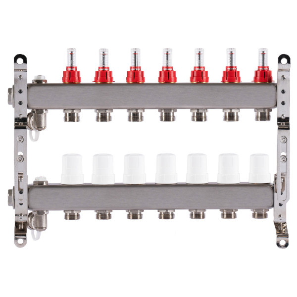 Коллекторная группа 7 отводов 1"*3/4"(18) ЕК с расходомерами Okseler (нерж.ст) с дренажным краном и краном Маевского (Oks00317)