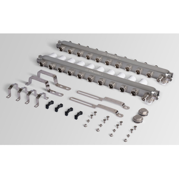 Коллекторная группа 10 отводов 1"*3/4"(18) ЕК с регулировочными клапанами Okseler (нерж.ст) с дренажным краном и краном Маевского (Oks00309)