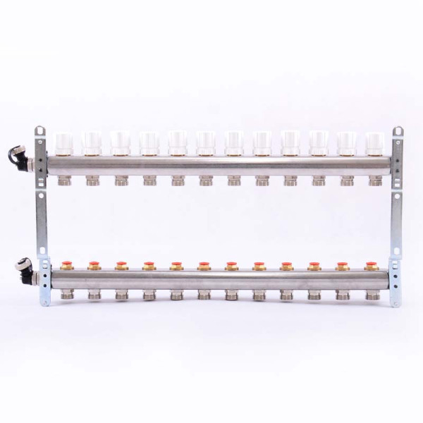 Коллекторная группа Uni-Fitt 12 отводов 1"х3/4" с балансировочными и термостатическими вентилями нерж. сталь