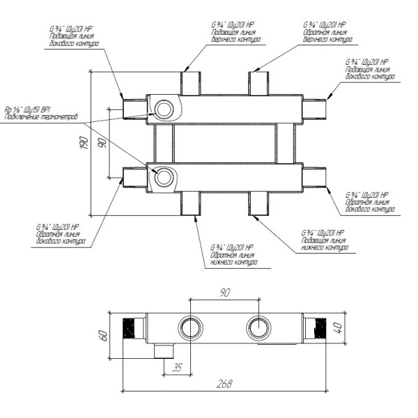 Коллектор кольцевой для отопления на 2 контура Gidruss RMSS-40-2 (G 3/4", 90 мм)