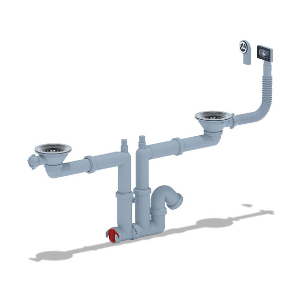 Сифон 40 мм. трубный АНИ "F серия" с 2-мя выпусками 3 1/2"*115 мм., с 2-мя отводами для стир.машины и гибким круглым и прямоугольным переливом АНИ пла