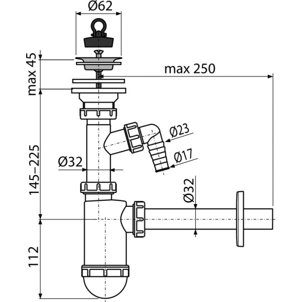 Сифон для раковины Alcaplast DN32 с нержавеющей peшeткой DN63 (A410)