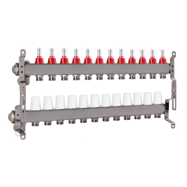 Коллекторная группа 12 отводов 1"*3/4"(18) ЕК с расходомерами Okseler (нерж.ст) с дренажным краном и краном Маевского (Oks00322)