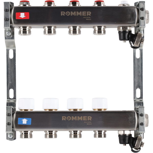 Коллекторная группа 4 отвода 1"*3/4" в сборе без расходомеров Rommer (нерж.сталь) (RMS-3201-000004)