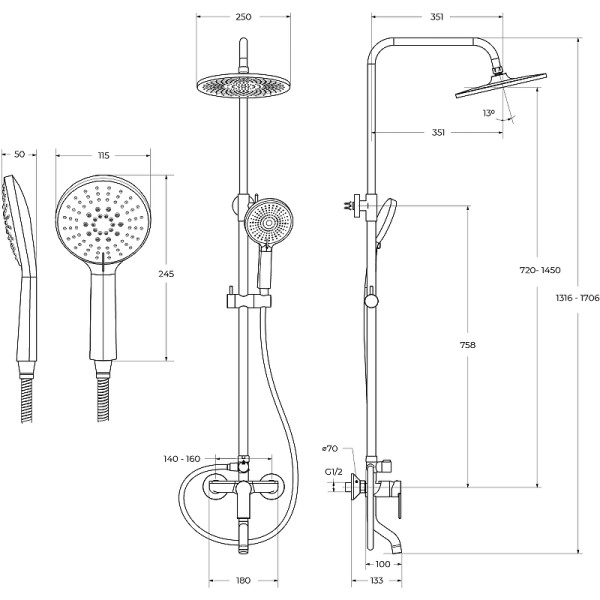 Душевая система BelBagno со смесителем и изливом, хром (AURORA-VSCM-CRM)
