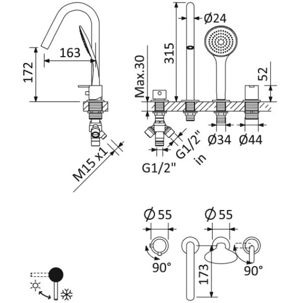 Смеситель на борт ванны Cezares Leaf врезной, на 4 отверстия, sunrise (LEAF-BVDM4-L-SR)