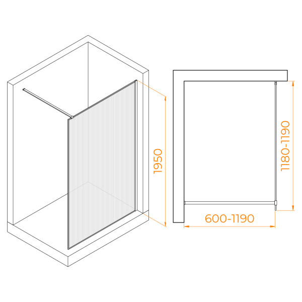 Душевое ограждение RGW Walk In 120x195 стекло Ribbed (ребристое), профиль золото BRUSH (06100812-156)