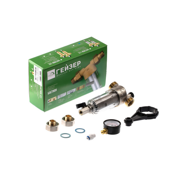 Фильтр с манометром самоочищающийся Гейзер-Бастион 112 1/2" (прозрачный корпус, со сгонами) (32670) Фильтр с манометром самоочищающийся Гейзер-Бастион 112 1/2" (прозрачный корпус, со сгонами) (32670)