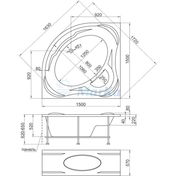 Ванна акриловая 1Marka Palermo 150x150 белая (01па1515)