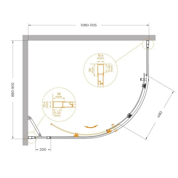 Душевой уголок Cezares Molveno 110x90x195 стекло прозрачное, профиль брашированное золото (MOLVENO-RH-1-110/90-C-BORO-IV)