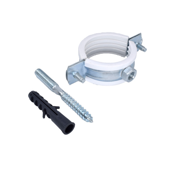 Хомут сантехнический 2" (60-65 мм) оцинкованная сталь со шпилькой и дюбелем М8 (белый) ПЗМ ХБ02-062 Хомут сантехнический 2" (60-65 мм) оцинкованная сталь со шпилькой и дюбелем М8 (белый) ПЗМ ХБ02-062