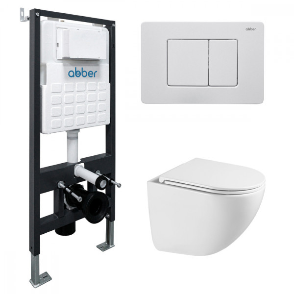 Комплект подвесной унитаз Abber Bequem AC1131TC белый, с закрытым дном с инсталляцией AC0105 и кнопкой AC0120MW белая матовая (AC1131TC-AC0105-AC0120M