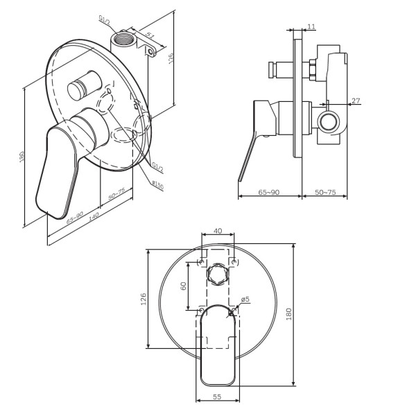 Смеситель для ванны и душа AM.PM X-Joy монтируемый в стену, хром (F85A45000)