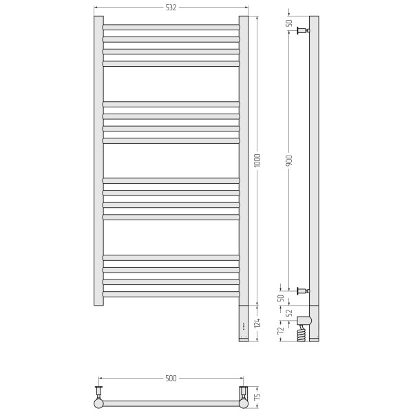 Полотенцесушитель электрический Сунержа Богема 3.0 прямая 1000x500 провод справа матовый чёрный (31-5805-1050)