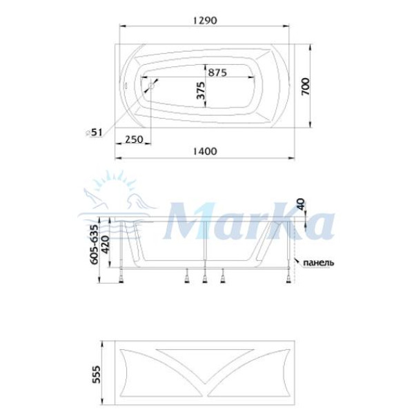 Ванна акриловая 1MarKa Elegance 140*70 без гидромассажа