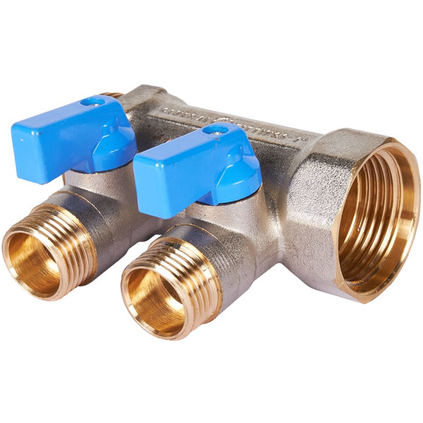 Коллектор 2 отвода с шаровыми клапанами 1"x1/2"(16) Stout (никель, синие ручки) (SMB-6211-011202) Коллектор 2 отвода с шаровыми клапанами 1"x1/2"(16) Stout (никель, синие ручки) (SMB-6211-011202)