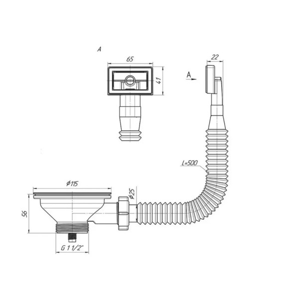 Выпуск для мойки 1 1/2"*115 (3 1/2") АНИ с прямоугольным гибким переливом (нержавеющая решетка) АНИ пласт (N305S)