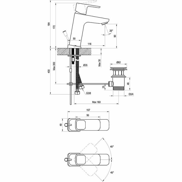 Смеситель для раковины Ravak 10° TD 013.00 с донным клапаном хром (X070061)