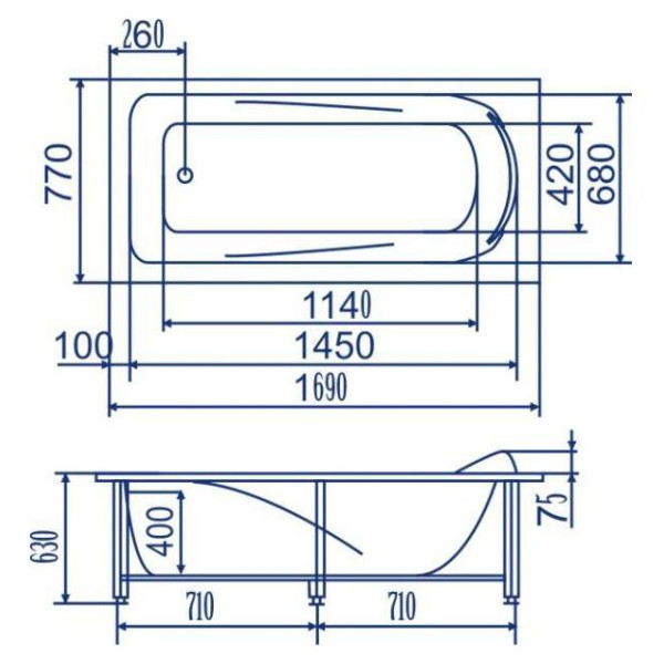 Ванна акриловая Bach Марианна 170*77 система 0, с каркасом