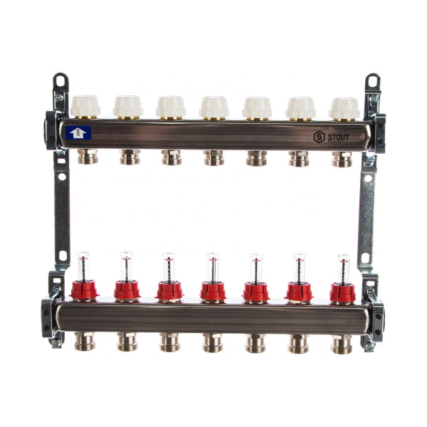 Коллекторная группа 7 отводов 1"x3/4"(18)EK с расходомерами Stout (нерж.сталь) (SMS-0917-000007)