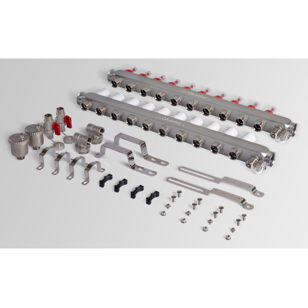 Коллекторная группа 10 отводов 1"*3/4"(18) ЕК с расходомерами Okseler (нерж.ст) с автоматическим воздухоотводчиком и спускным краном (Oks00348)