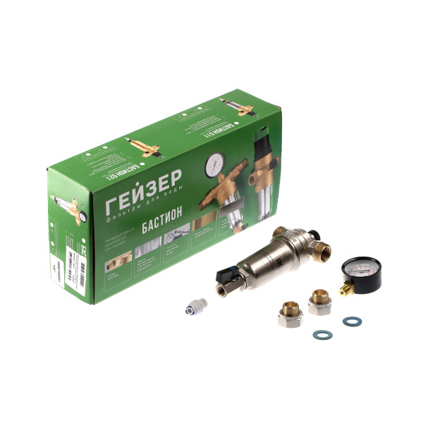 Фильтр с манометром самоочищающийся Гейзер-Бастион 7508165201 1/2" (латунный корпус, со сгонами) (32677)