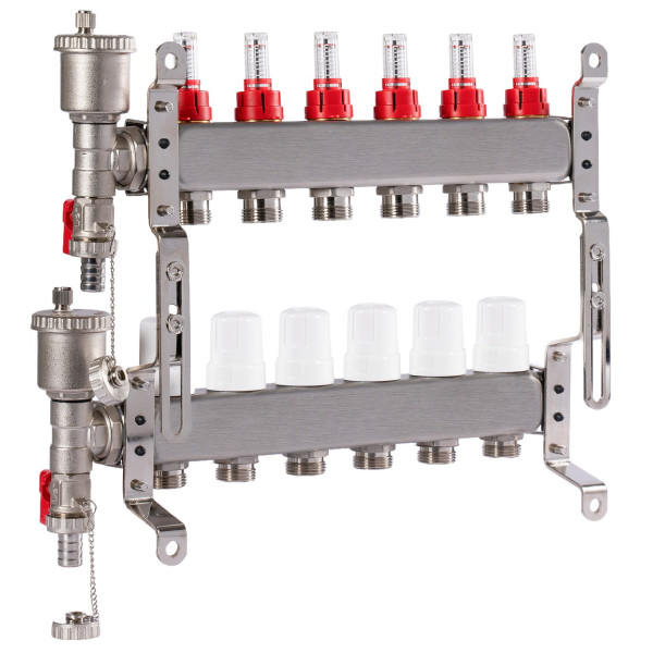 Коллекторная группа 6 отводов 1"*3/4"(18) ЕК с расходомерами Okseler (нерж.ст) с автоматическим воздухоотводчиком и спускным краном (Oks00344)