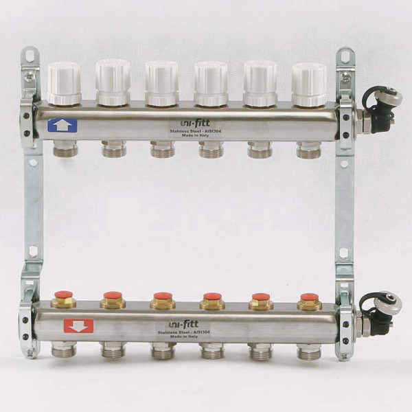 Коллекторная группа Uni-Fitt 6 отводов 1"х3/4" с балансировочными и термостатическими вентилями нерж. сталь