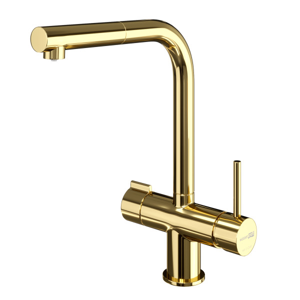 Смеситель для кухни WasserKRAFT с переключателем на фильтр, с выдвижным изливом золотой (A8977)