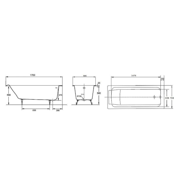 Ванна чугунная Jacob Delafon Parallel 170x70 белая (E2947-S-00)